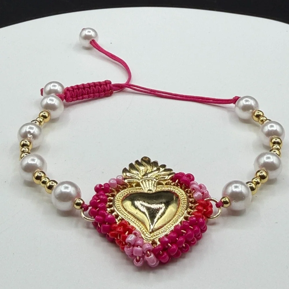 Sacred Heart Bracelet Pink Beaded Pearl Adjustable Gold Tone Valentine Boho